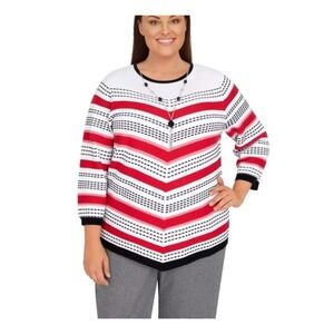 NWT Alfred Dunner Women's Sz 3X Red/White Striped‎ Knit Pullover Top W/ Necklace